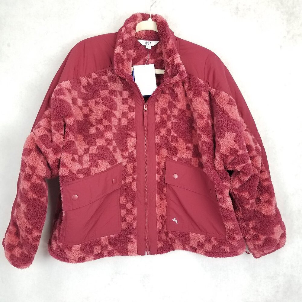 NWT Joy Lab Fleece Jacket Oversized Loose Fit Wine Red Geo Print Teddy L Large